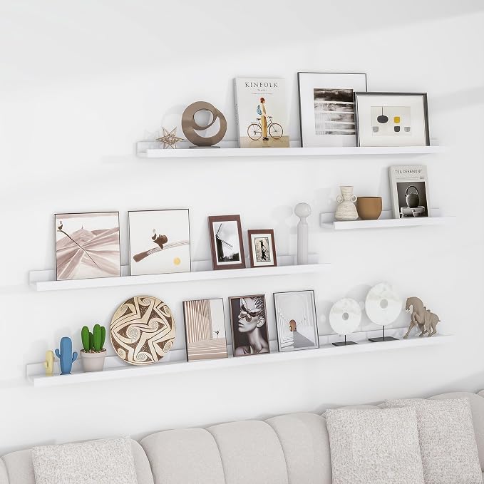 FLYJOE Picture Ledge Shelf, Floating Shelves Set of 2, Solid Ash Wood 72'' Long Large Nursery Book Shelves for Toys Storage, Kids Bookshelf for Living Room Bedroom Decor Books Photo Frames, White