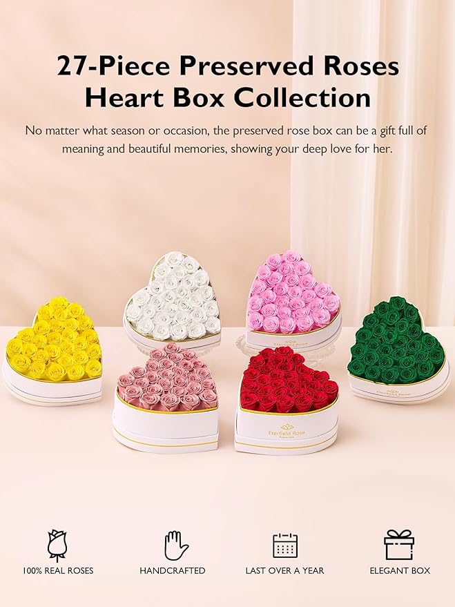Eterfield 27 Forever Flowers in Heart Shape Box, Preserved Roses that Last a Year Preserved Flowers Birthday Gifts for Her Mom Women Wife Anniversary Valentines Day Mothers Day Christmas, Red