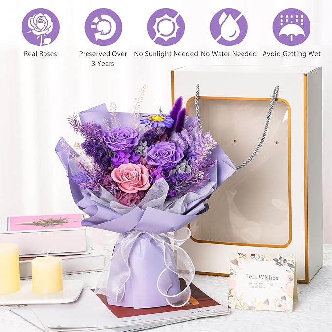 Flowers for Delivery Prime, Mothers Day Gifts for Mom, Preserved Flower Bouquet, Purple Roses Birthday Gifts for Women Her Wife Girlfriend Grandma, Real Forever Flower for Valentines Day Anniversary