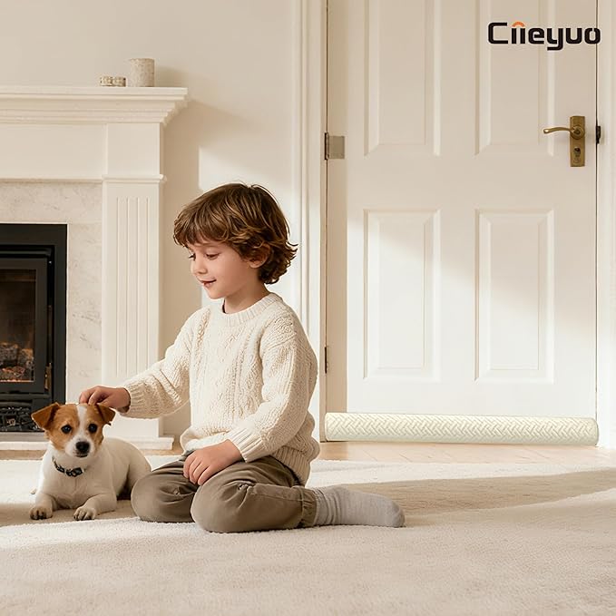 Ciieyuo Velvet Under Door Draft Stopper, Noise Blocker & Soundproof Door Seal, Blocks Cold Air, Light & Smoke, Easy Install Under Door Gap Filler, Door Sweep for Bottom 30"-36" White Beige