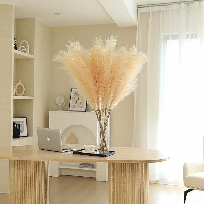 Wertuirk Champagne Faux Pampas Grass - 45-Inch Set of 8 | Boho Home Decor | Tall Artificial Pompas Floral Soft and Fluffy | Perfect for Wedding Centerpieces, Farmhouse and Baby Shower Decorations