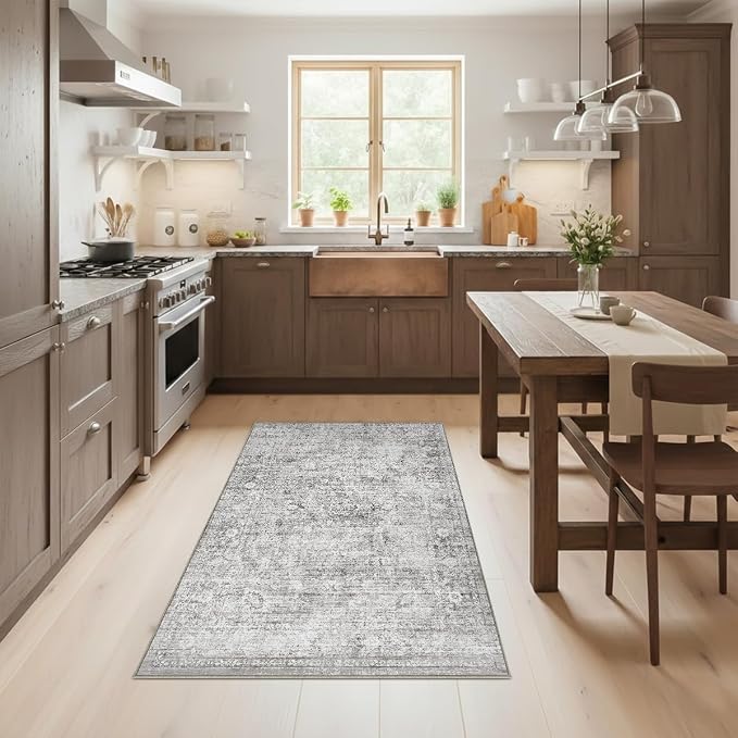 Homemate Washable Rug 3x5 Area Rugs - Vintage Faux Wool Rugs for Living Room Bedroom Dining Room - Non Slip Foldable Carpet Indoor Area Rug for Home Decor(3'x5', Grey