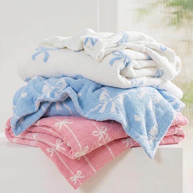 WRENSONGE Soft Throw Blanket for Couch-Cozy Reversible Knitted Blankets | Lightweight Warm Fluffy Decor for Women, Mom, Her & Girls, Sofa, Chair, Bed, 50x60in, Blue Bow