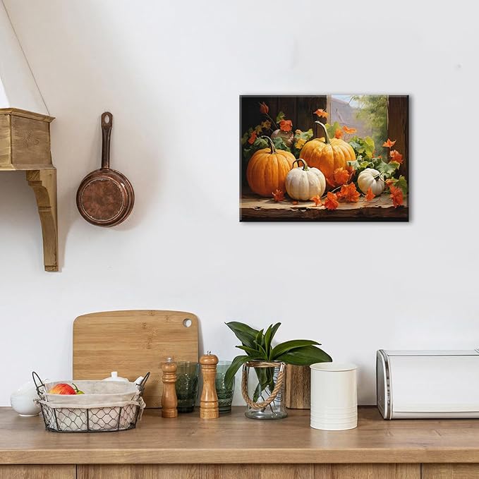 Fall Pumpkin Canvas Wall Art Halloween Pictures Maple Leaf Decor Thanksgiving Wall Prints Rustic Autumn Themed Wall Decor Framed Modern Artwork for Living Room Kitchen Bedroom Home Decorations 12x16”