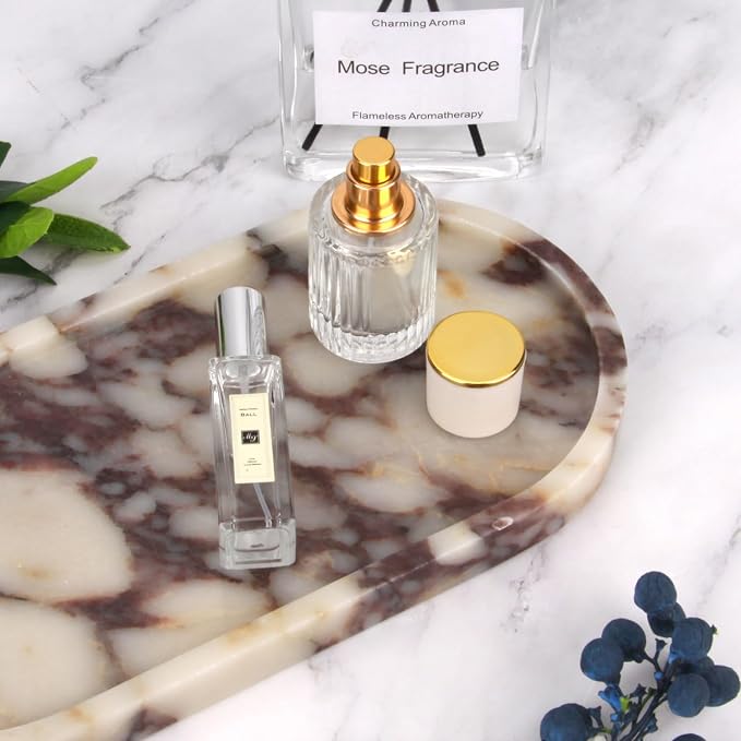 Oval Marble Bathroom Vanity Tray, Natural Luxury Marble Home Kitchen Bathroom Table Tray, Stone Decorative Countertop Tray for Coffee Perfume Jewelry (Calacatta Viola, 12" x 6" x 0.8")