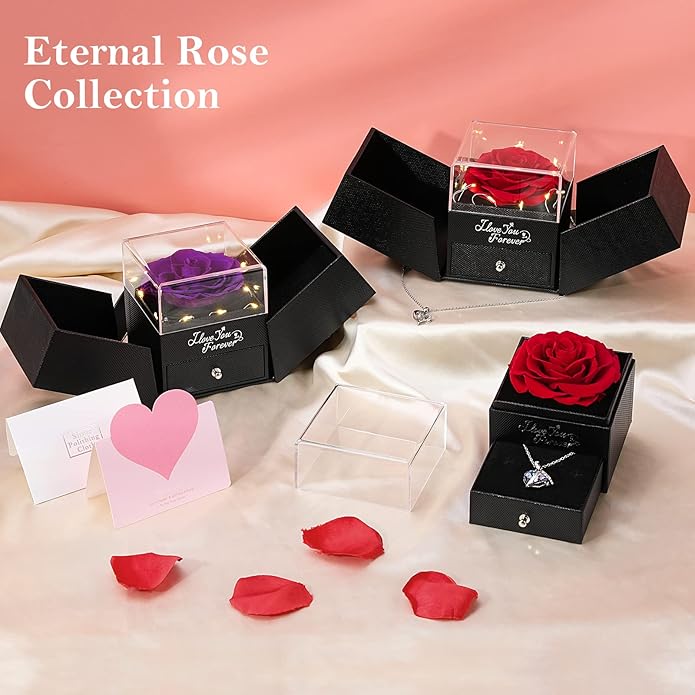 Emibele Preserved Rose Gifts for Women, Eternal Flower Rose Box with Heart Necklace, Romantic I Love You Gifts for Women Her Wife Mom Grandma on Valentines Mothers Day Birthday Anniversary