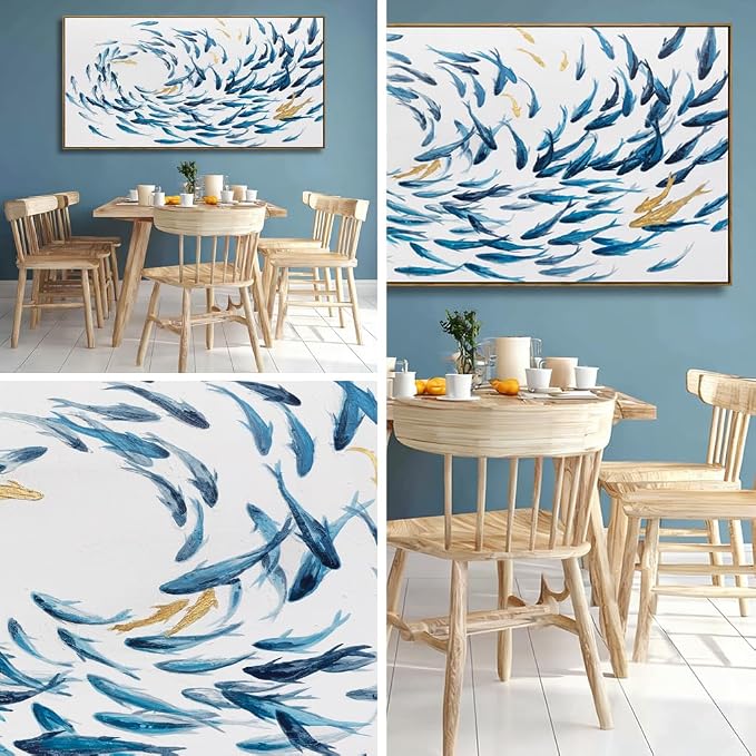 Kureful Fish Home Wall Decor White And Blue Wall Art Ocean Fishes Canvas Pictures 24"x48" Artwork for Bedroom Kitchen Poster