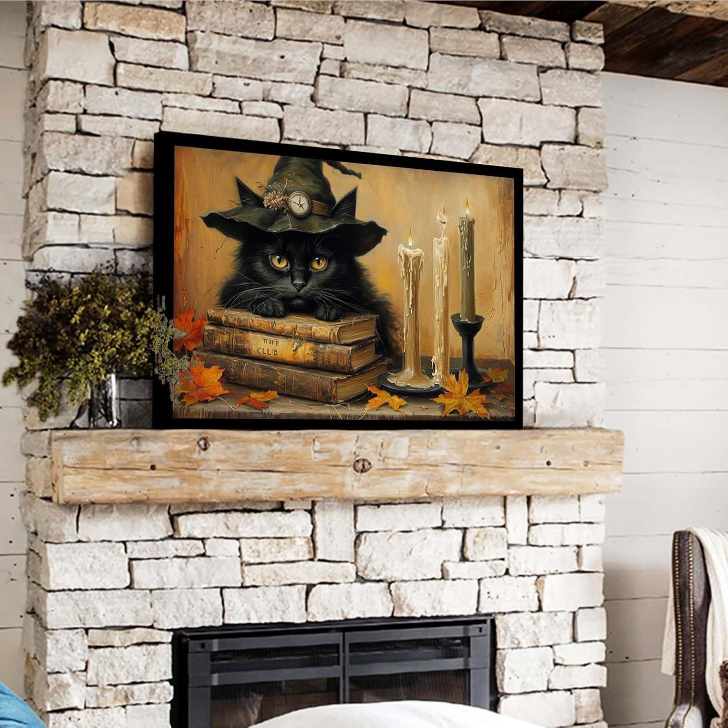 JFHCQJPK Vintage Halloween wall decoration black cat and magic book suitable for home bedroom living room decoration dark classic art witch wall decoration12x16in Metal blackFramed