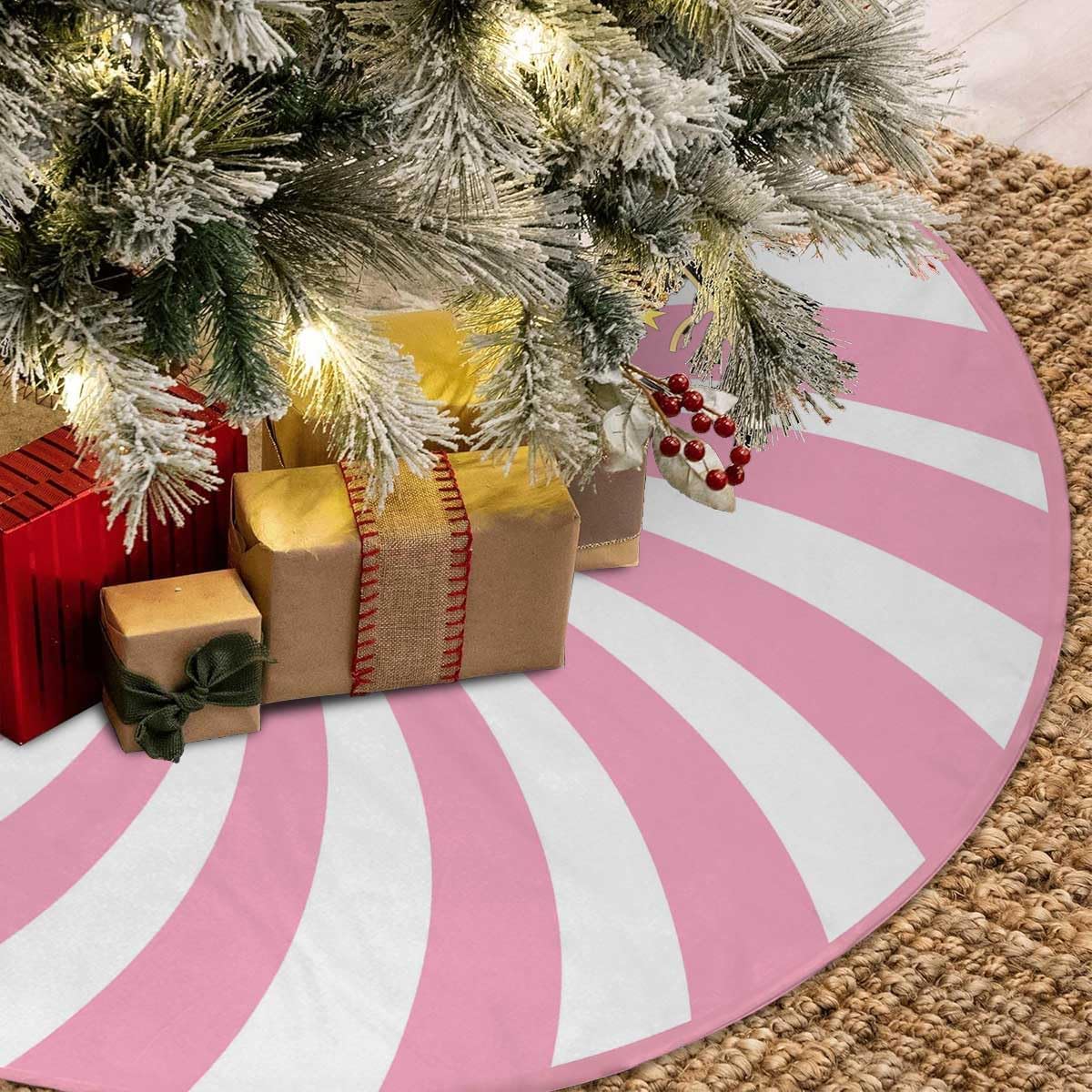 Swirl Stripe Christmas Tree Skirt 30 inches Sweet Candy Cane Pink Christmas Decorations Xmas Tree Mat Holiday Party Home Decorations (Pink, 30in)