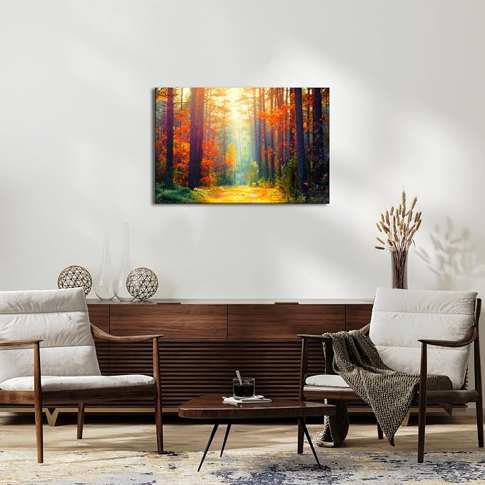 Large Autumn Wall Art Fall Forest Landscape Wall Decor for Living Room Bedroom Kitchen Orange Maple Leaves Pictures Sunrise Scenery Canvas Prints Nature Tree Paintings Artwork Home Decorations 24x36”