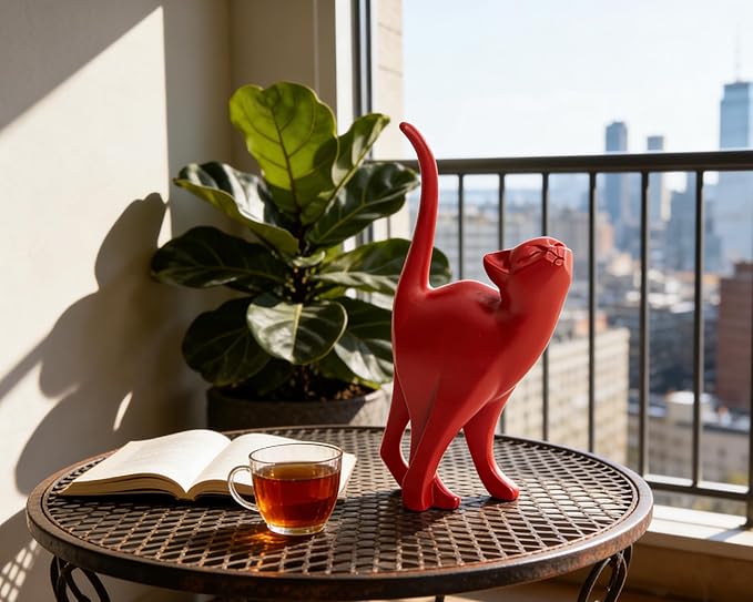 Red Cat Statue Modern Abstract, Home Office Shelf Decor, 7-Inch Vibrant Assorted Colors, Easy to Match Any Decor Style