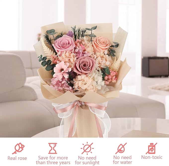 Flowers for Delivery Prime Preserved Flowers Bouquet That Last 3-5 Years Real Forever Roses Bouquet Mothers Day for Mom Mother Women Wife Girlfriend Anniversary Birthday Gifts for Mom(Pink)
