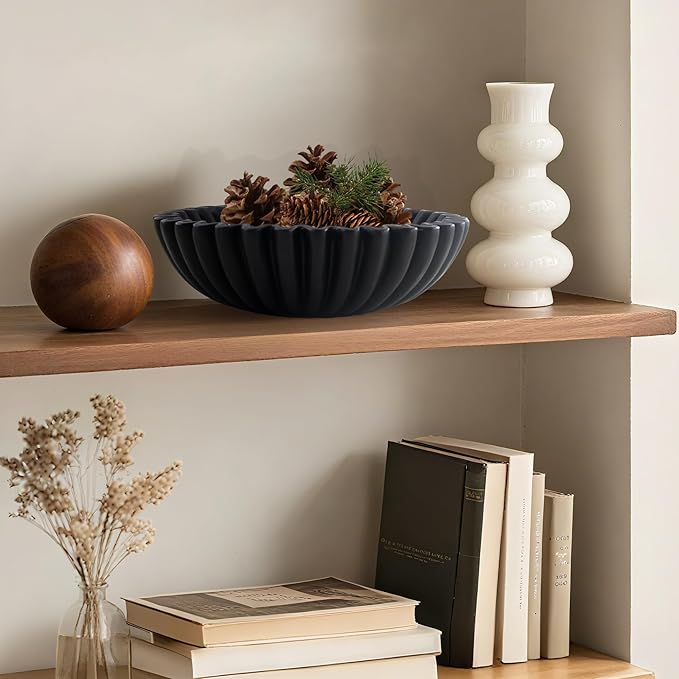 Large Modern Decorative Ruffle Bowl for Home Decor Fruit Bowl Organic Catch All Key Kitchen Entryway Shelf Coffee Table,Black