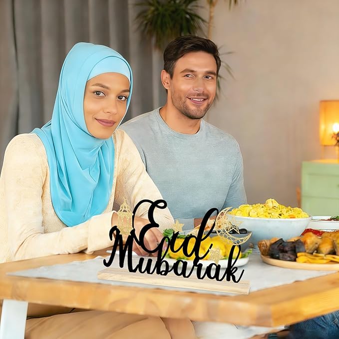 COCHIE Metal Eid Mubarak Sign, Ramadan Decorations for Home, Shelf, Mantel, Indoor, Moon Star Eid Decor, Eid Mubarak Ramadan Table Top Party Decoration (Eid)