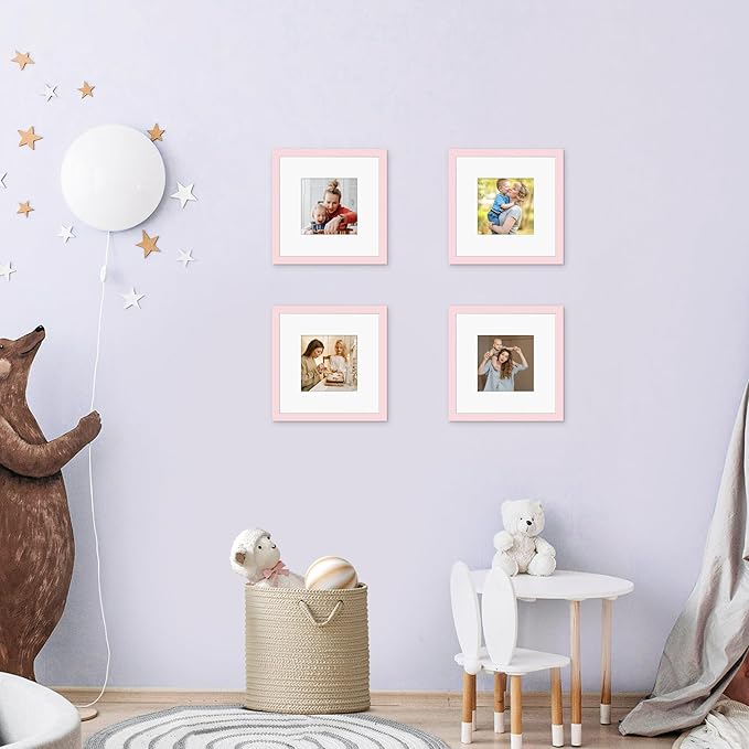Picrit 8x8 Picture Frame Set of 12, Display 5x5 with Mat or 8 x 8 without Mat, Photo Frames for Wall Mounting or Table Top Display, Pink
