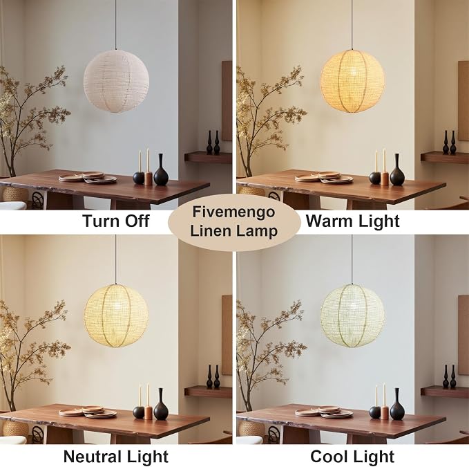 Linen Pendant Light Kit with Cord and Ceiling Canopy, 20in Off-White Round Japanese Japandi Wabi Sabi Lantern Hanging Lamp Chandelier for Living Dining Room Bedroom Rented Apartment 1 Pack