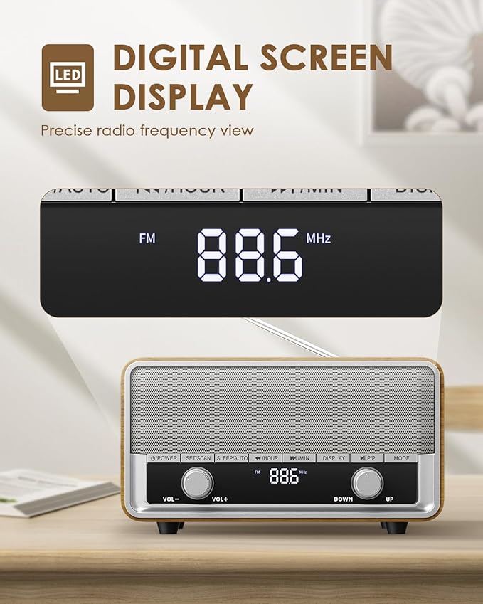 Vintage Wood AM FM Bluetooth Radio with Clock, Digital Clock Radio for Bedroom with LCD Display | 40 Presets | Sleep Timer | No Alarm, Retro Bluetooth Speaker for Office, Kitchen (Light Walnut)