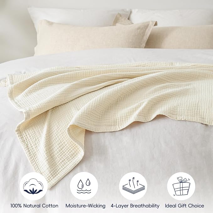 PHF 100% Cotton Muslin Throw Blanket 50" x 60", 4-Layer Lightweight Gauze Throw, Breathable Cloud-Soft Minimalist Blanket for Bed, Couch, Camping, Birch, Ideal Gift