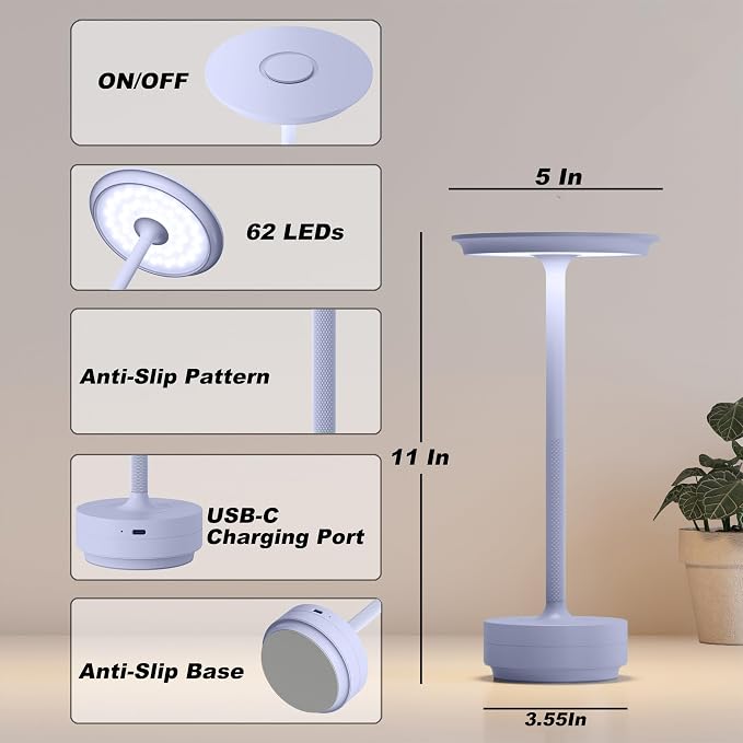 TBBGA 2 Pack Rechargeable Cordless Table Lamps, Portable 5000mAh Outdoor Table Light, 3 Color Stepless Dimming LED Table Lamp with Memory Function, for Home/Dinner/Patio/Restaurant.(Light Purple)