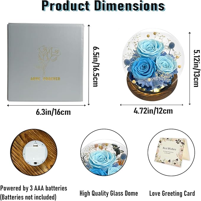 FIACO Gifts for Mom Mother Day Preserved Flowers in Glass Dome Long-Lasting Eternal Roses Birthday Gifts for Women Grandma Wife Girlfriend Her Girlfriend Forever Flowers for Delivery Prime Blue