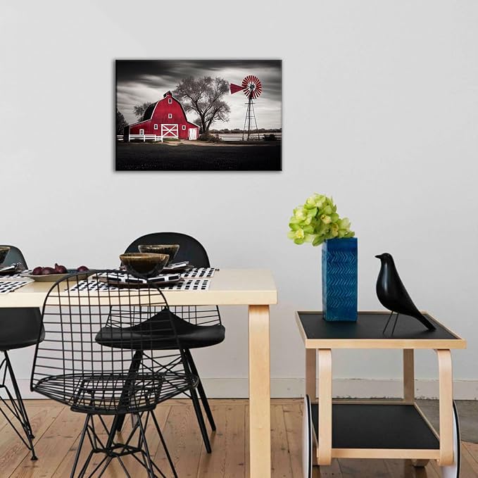 Red and Black Old Barn Wall Art Farmhouse Windmill Wall Decor Living Room Vintage Country Picture Canvas Prints Framed Farm Landscape Painting Modern Artwork Bedroom Kitchen Home Decorations 16x24”