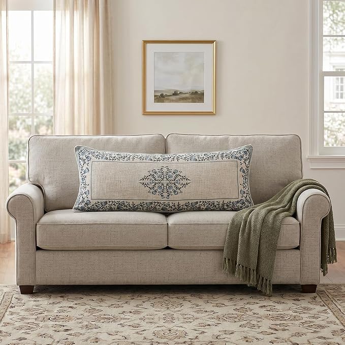 ISAENNE Designer Vintage Linen Throw Pillow Cover,28"x12"-Segerman A | Elegant Chinoiserie Rectangle Pillow Cover,Concealed Zipper Design,Floral Pattern,Sofas,Bedroom,Living Room,Lounge Chairs