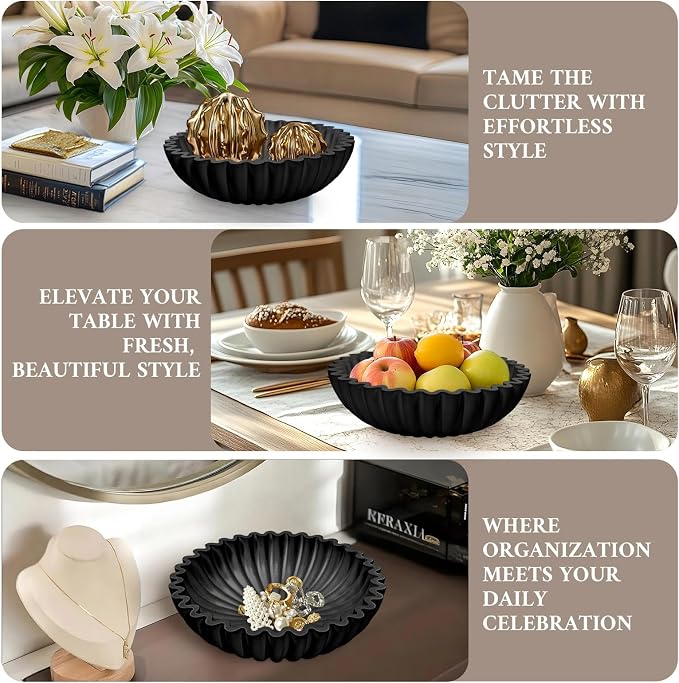 MAONAME Concrete Decorative Bowl, Black Fruit Bowl for Kitchen Counter, Modern Handicraft Coffee Table Key Bowls, Large Scalloped Ruffle Bowls for Entryway, Home Decor