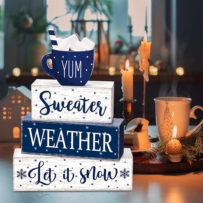 Marsui 4 Pcs Winter Wooden Tabletop Let It Snow Tiered Tray Decor Snowflakes Decorative Wood Block Sign Gift Farmhouse Christmas Table Centerpiece for Home Indoor Holiday