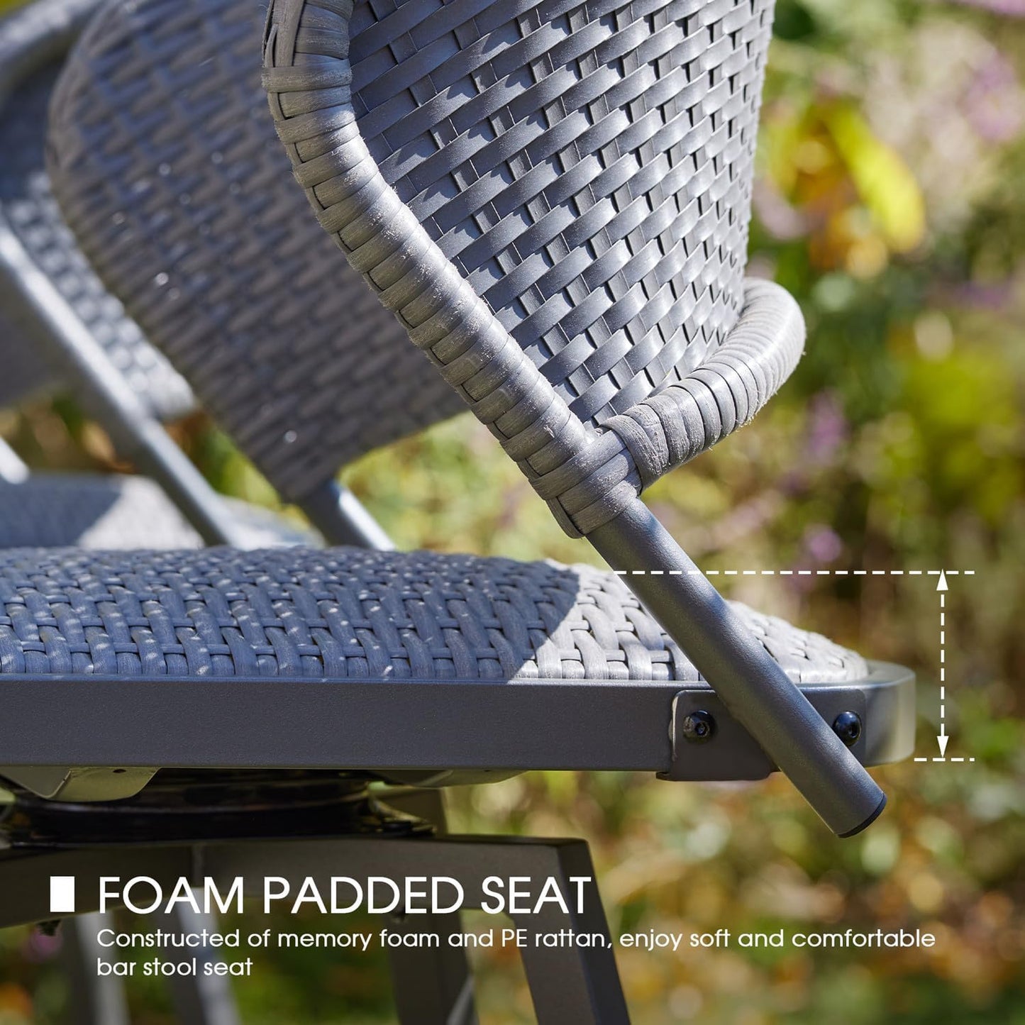 VICLLAX Patio Bar Stool Chairs with Footrests and Padded Seat, Bar Height Swivel Patio Chairs Set of 2, Grey Woven Wicker Swivel Bar Stools for Lawn Garden