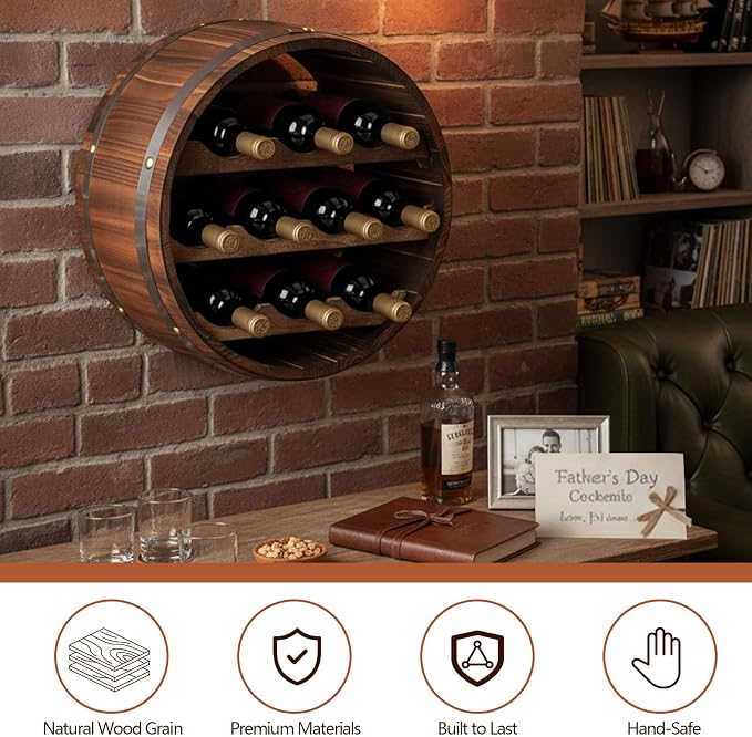 Colingmill 19.7 x 5.9 in Whiskey Barrel Decor Shelf Rustic Wall Mounted Bourbon Wooden Floating Hand Wine Rack Oak for 10 Wine Bottle Holder Display Stand Vintage Bar (Walnut Color)
