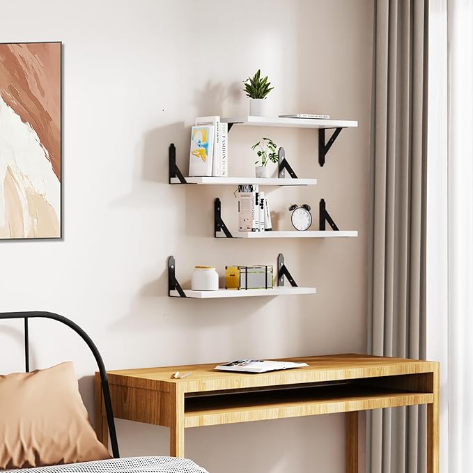 ROMGUAR CRAFT Wood Floating Shelves Set of 4, Rustic Storage Decor Wall Shelves, Wall Mounted Shelf for Living Room, Bedroom 17" x 6", White