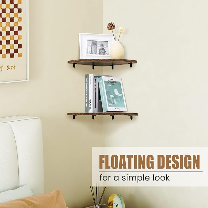 Fun Memories Corner Shelf Wall Mount, Floating Corner Shelves, Set of 2 Corner Wall Shelf Organizer, Rustic Wood Wall Storage Display Shelves for Living Room Bedroom Bathroom Kitchen, Rustic Brown | Organizer, Living Room, Bedroom, Bathroom, Kitchen