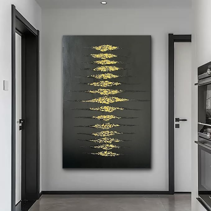 Creespi Hand-Painted Abstract Black and Gold Textured Wall Art 30x45 inch,Large Minimalist 3D Thick Texture Oil Painting on Canvas for Home Wall Decoration