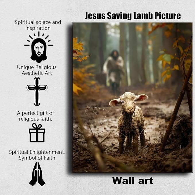Ploceiny christian gifts for women-men,Religious canvas home decor for prayer room christmas decorations Jesus Running After Lost Lamb Picture Jesus and lamb poster wall decor A-392 (16"X24")
