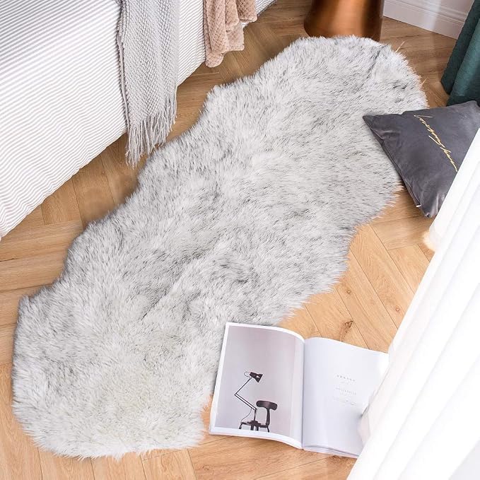 Carvapet Luxury Faux Sheepskin Runner Rug - Soft Plush Fur Couch Seat Pad Skid-Resistant Fluffy Area Floor Carpet for Bedside Entryway Bench Black White 2x6 Feet