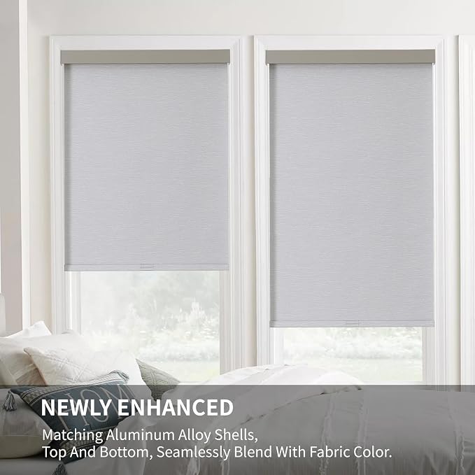 Joydeco 100% Blackout Roller Shades (Pro), Free-Stop Cordless Blinds for Windows, UV Protection, Natural Woven Blinds for Home and Office, Light-Proof Aluminum Cover (46" W x 75" H, Light Grey)