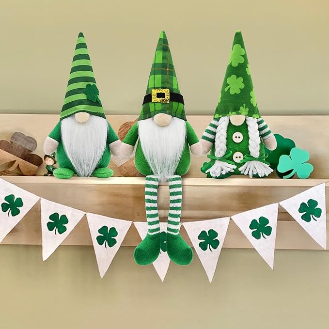 St Patricks Day Gnomes Decor Indoor, 3Pcs St Patricks Day Decorations Gnomes, Shamrock Decorations for Table, Tiered Tray Irish Home Decor Gnome Gifts