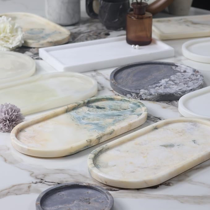 Natural Marble Vanity Tray, Round, 8.3 Inch, with Anti-Slip Pads, for Bathroom, Jewelry, Perfume Display, Coffee Table Decor (White SkyBlue)