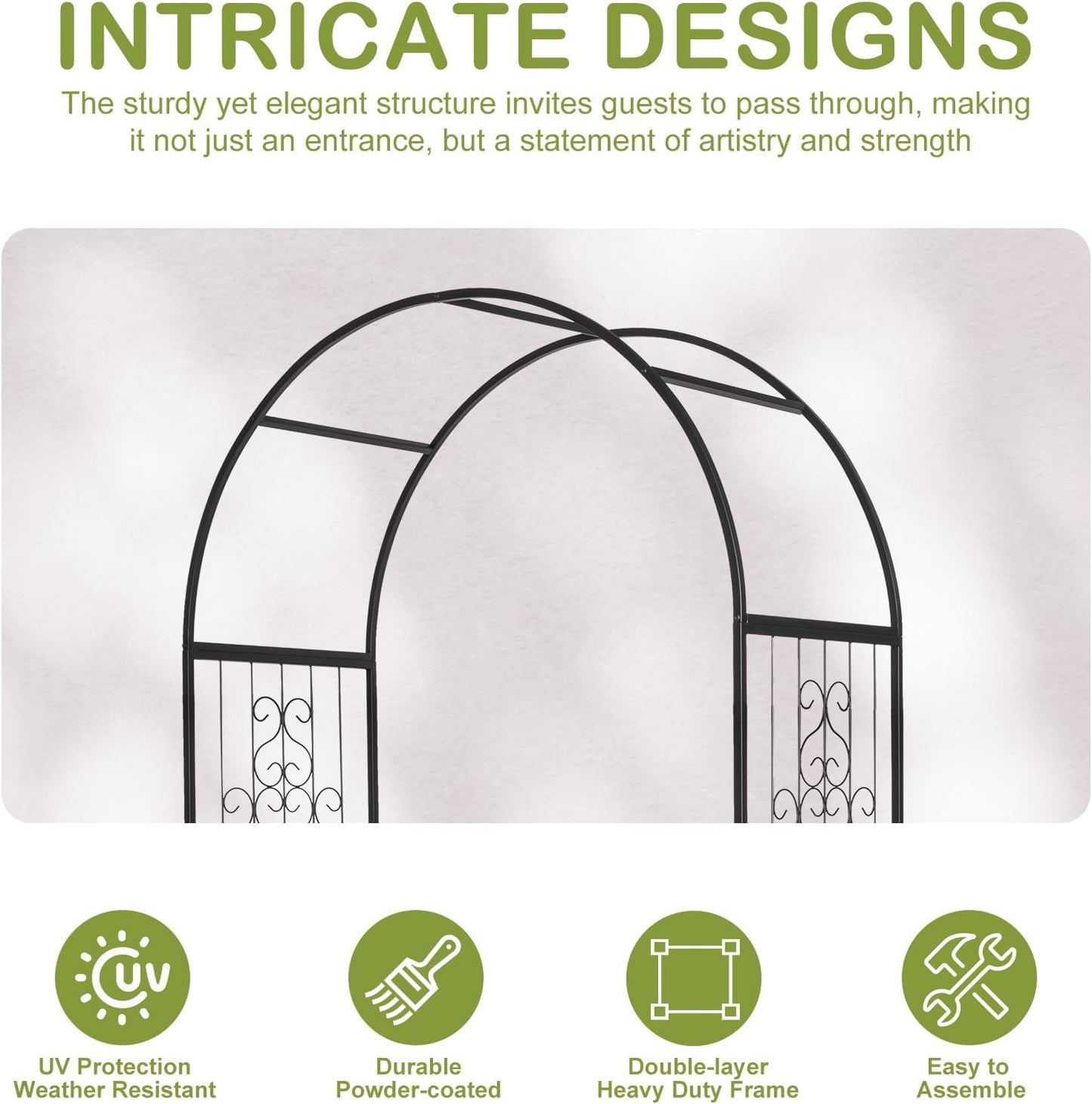 Outvita 7FT Garden Arch Arbor with Entry Door and Plant Frame, Heavy Duty Metal Arbour Archway, Decorative Frame Stand Trellis with Ground Stakes for Wedding Ceremony Party Plant Patio Black