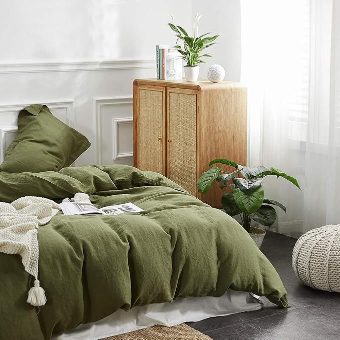 Simple&Opulence 100% Linen Duvet Cover Set 3pcs Basic Style Natural French Washed Flax Solid Color Soft Breathable Farmhouse Bedding with Button Closure - Olive Green, Full