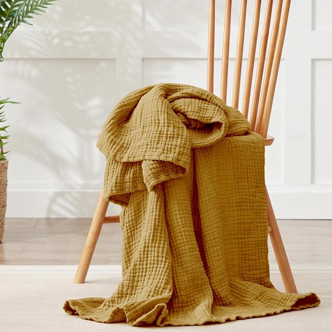 100% Cotton Muslin Blanket Queen 90" x 90", 6 Layers Breathable and Lightweight Cotton Throw Blankets for Bed, Soft Cooling Summer Gauze Blanket for Adults All Season, Mustard