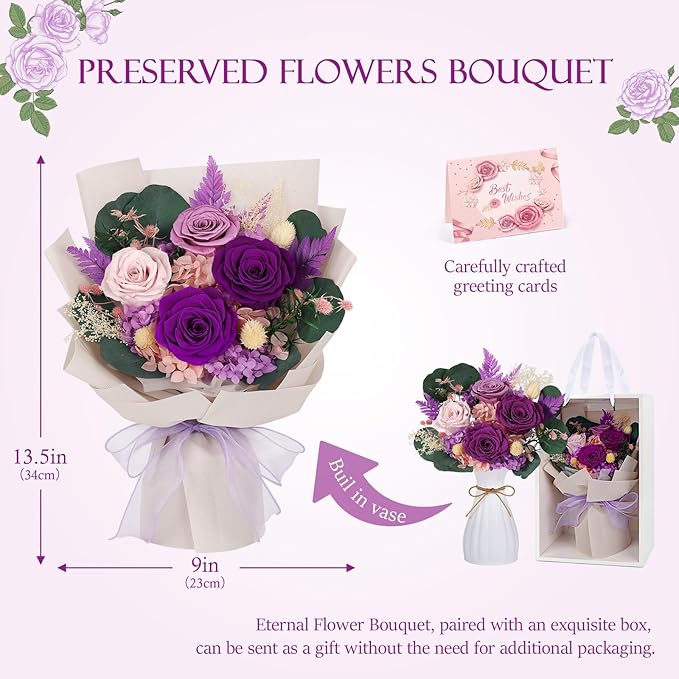 Preserved Flowers Bouquet 4 Roses with Vase,Flowers for Delivery Prime That Last 3-5 Years Real Forever Flowers Rose Bouquet for Mom Mother Women Wife Friends Birthday Mother's Day