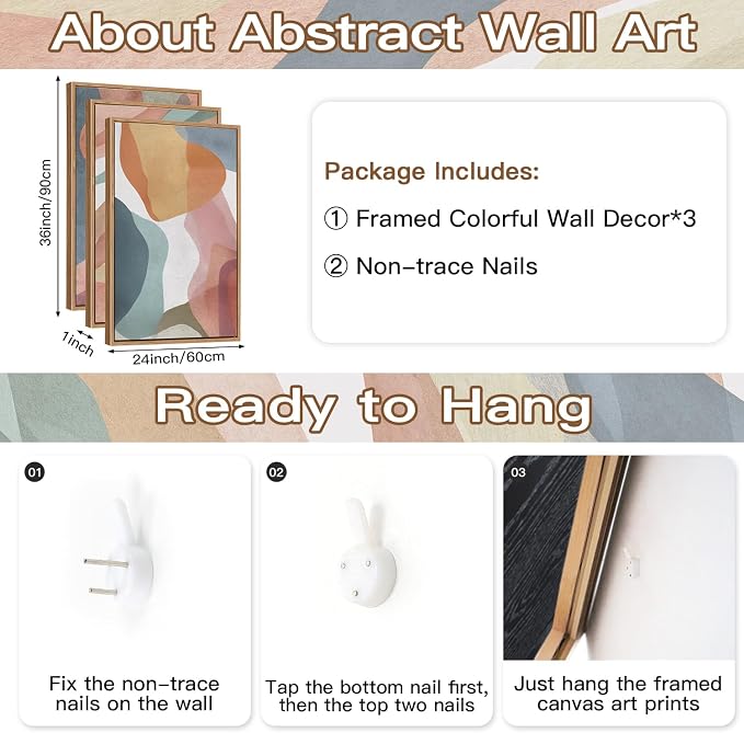 CHDITB Colorful Abstract Vibrant Pastel Framed Canvas Wall Art (24"x36"), 3 Panels Muticolor Modern Shape Block Groovy Artwork, Large Watercolor Minimalist Green Blue Yellow Aesthetic Art Decor Paintings for Bedroom Living Room Office