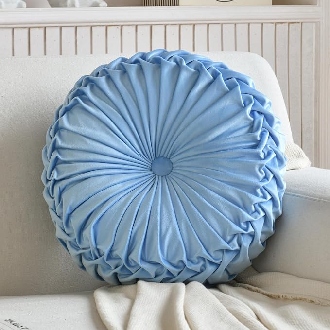 Teieas 2 Pcs Round Throw Pillows Decorative Pumpkin Velvet Boho Pleated Bed Pillows Back Support for Couch Chair Dorm Car 14.96'' (Sky Blue)