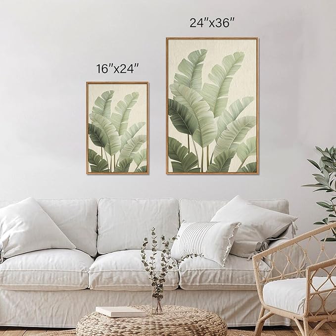 Rantodecor Sage Green Framed Canvas Wall Art, Minimalist Tropical Leaf Wall Decor, Boho Beige Nature Leaf Art Paintings, Bohemian Triple Panel Plant Artwork for Bedroom Living Room Office 24"x36"x3
