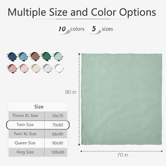 Carriediosa 100% Cotton Muslin Throw Blanket 70" X 80" Twin Size,4-Layers Summer Gauze Throws for Bed Couch,Soft Lightweight Breathable Linen Blankets Bedspread for Adults All Season,Sage Green