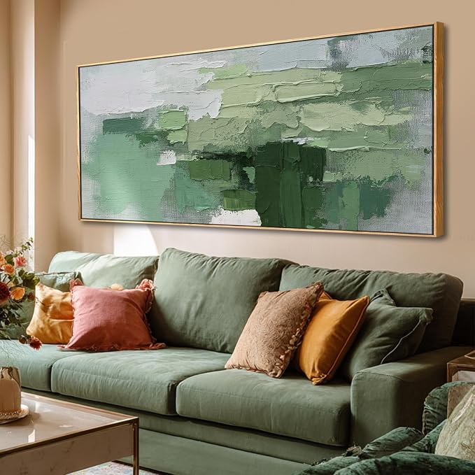 Green Hand-painted Abstract Canvas Wall Art, 32x70 Inch Framed Horizontal Artwork with Layered Green Tones for Living Room Decor