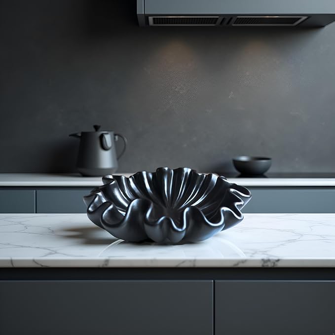 12" Large Decorative Bowl decor - Scalloped Decorative Bowls for Home Decor - Organic Fluted Modern Home Decor,Ruffle Decor key bowl,bowl for keys,Black