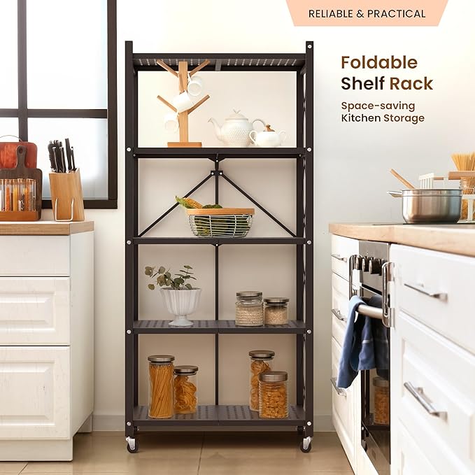 Our Modern Space 5-Tier Foldable Storage Shelf with Wheels | Metal Rack Collapsible Shelving Display | Rolling Cart for Books Kitchen Storage Shelves | Pantry & Closet Organizer | Office Room Decor