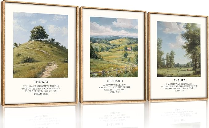 Christian Bible Framed Canvas Wall Art Set,Jesus Verse Vintage Wall Decor,Nature Scripture Landspaces Art Prints,Religious Artwork for Living Room,Dining Room,Farmhouse-12 x16 x3